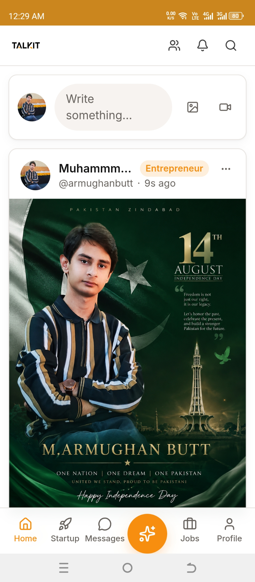 Talkit home feed showing a post from a founder