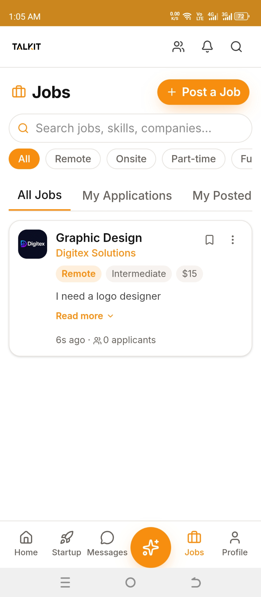 Talkit jobs screen showing job listings and filters