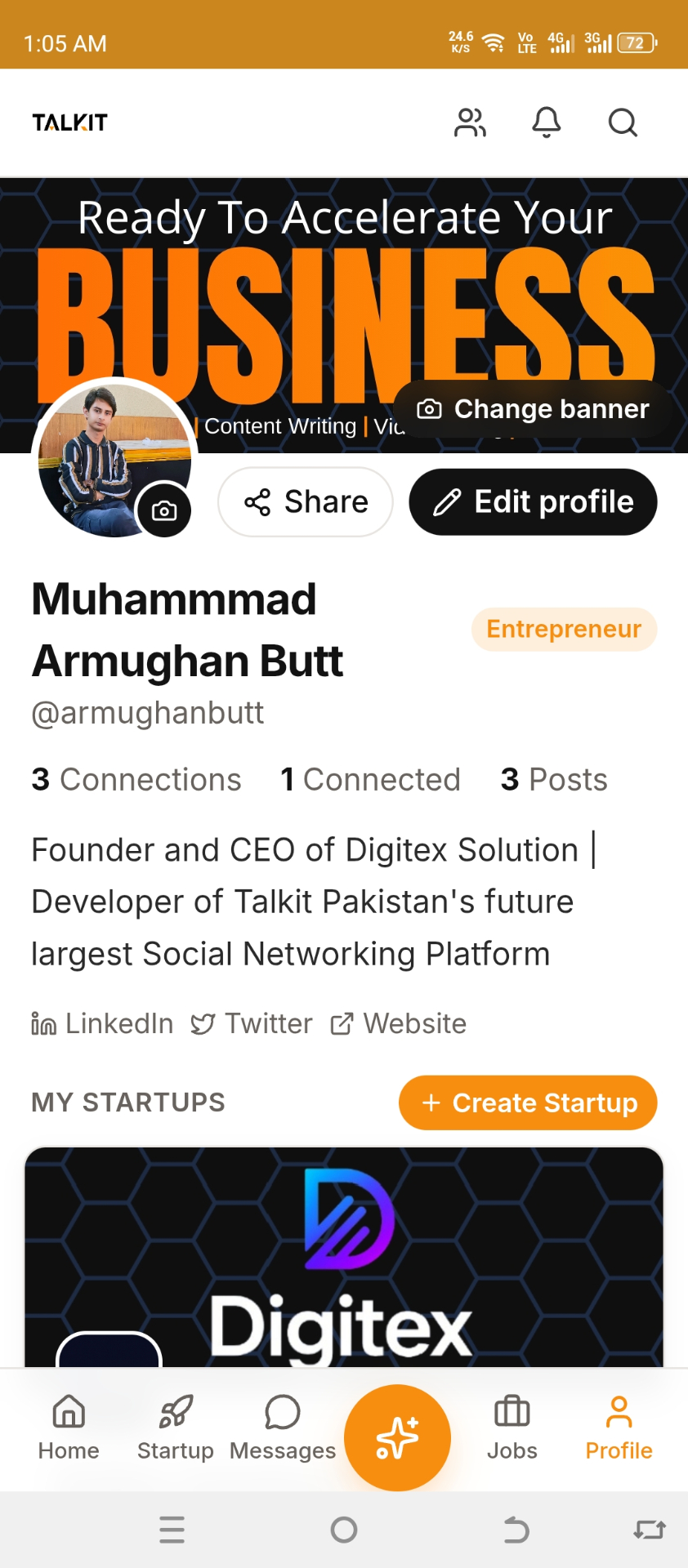 Talkit profile screen showing a founder profile with startups