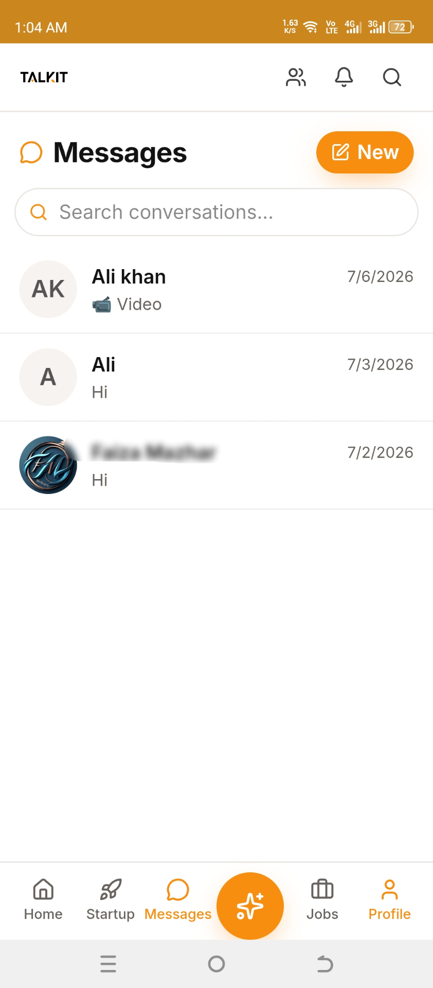Talkit messages screen showing conversations